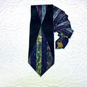 Vintage silk tie, art deco geometric, black, purple, yellow, blue